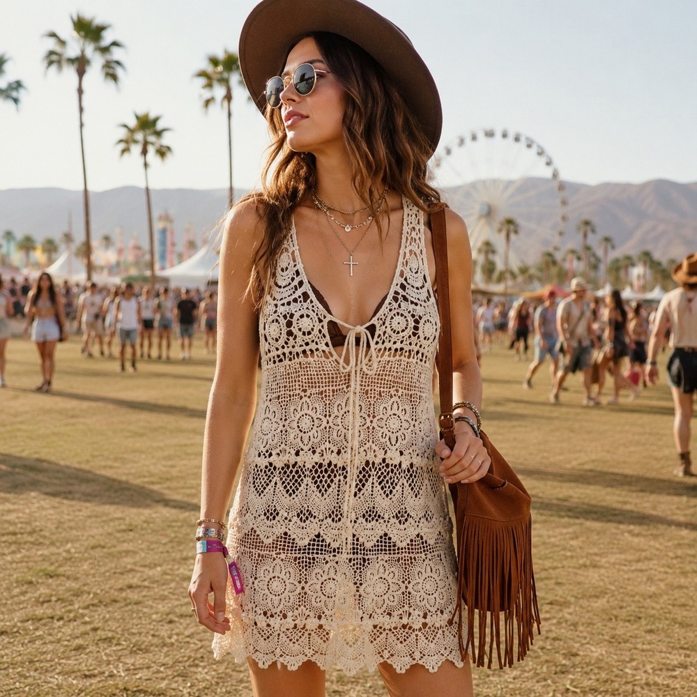 Teenbell Crochet Lace Tunic Top One Size Ivory Cotton Boho Cover Up